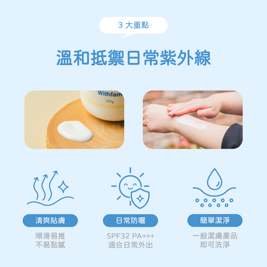 Withfam 日本水潤防曬凝膠 200g,清爽貼膚,適合日常防曬,並可用一般潔膚產品清洗。
