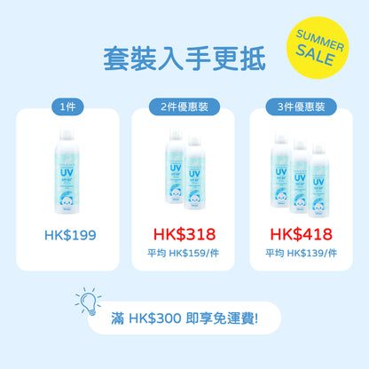 Withfam Hair & Skin UV Spray SPF50+ PA++++ 無香料 200g 套裝優惠圖，1件 HK$199、2件優惠裝 HK$318、3件優惠裝 HK$418，滿 HK$300 免運費。