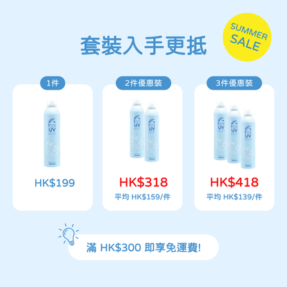Withfam UV Spray Unscented 250g 無香料防曬噴霧套裝優惠，1件 HK$199，2件優惠裝 HK$318，3件優惠裝 HK$418。