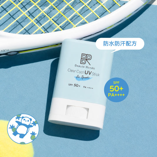 Beauté Rondo Clear Cool UV Stick for Sports SPF50+ PA++++ 防曬棒 15g，球場背景產品圖，防水防汗配方，適合戶外活動及日常補塗。
